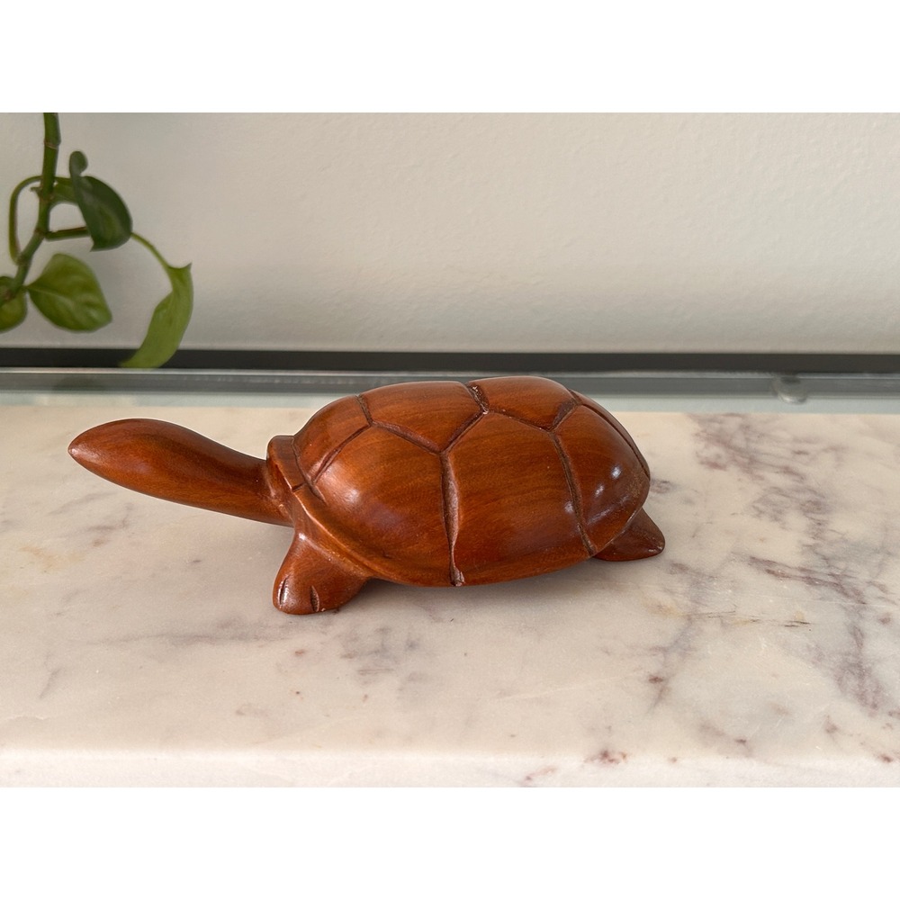 Hand Carved Wooden Turtle Figurine Tortoise Sculpture Brown Coastal Decor 6.5in